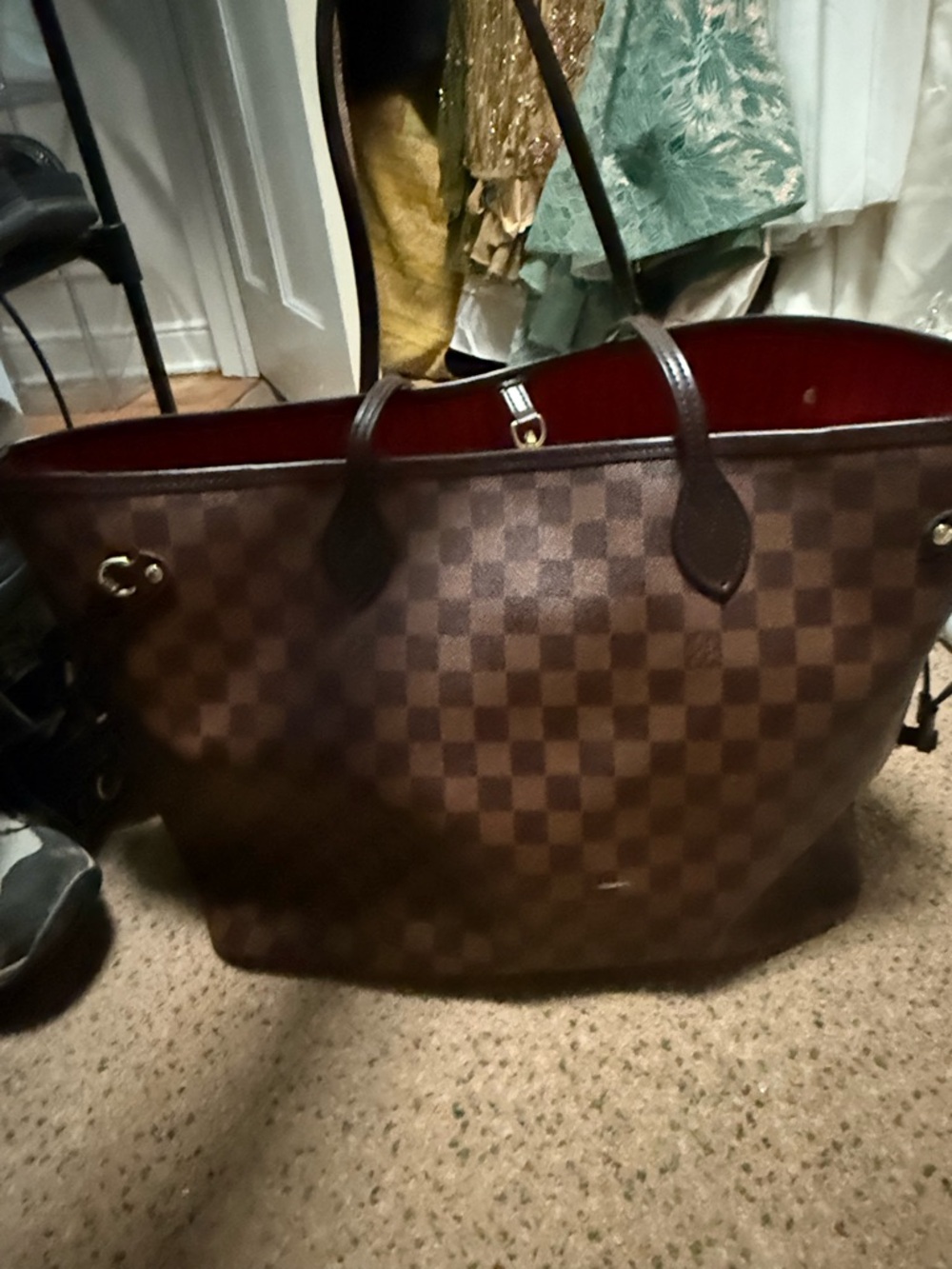Checkerboard Tote Bag in Brown with Red Interior